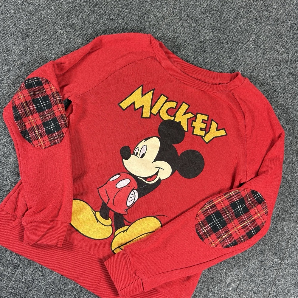 DISNEY Womens Mickey Mouse Red‎ Sweatshirt Sweater Top Small Elbow Patches Vtg